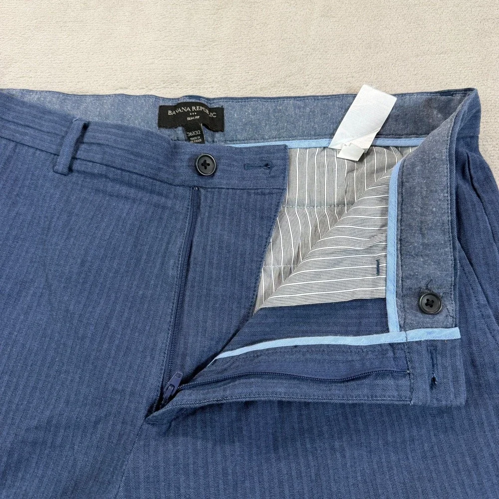 Banana Republic Mens 36x32 Slim Fit Blue Herringbone Stretch Chino Pants Casual